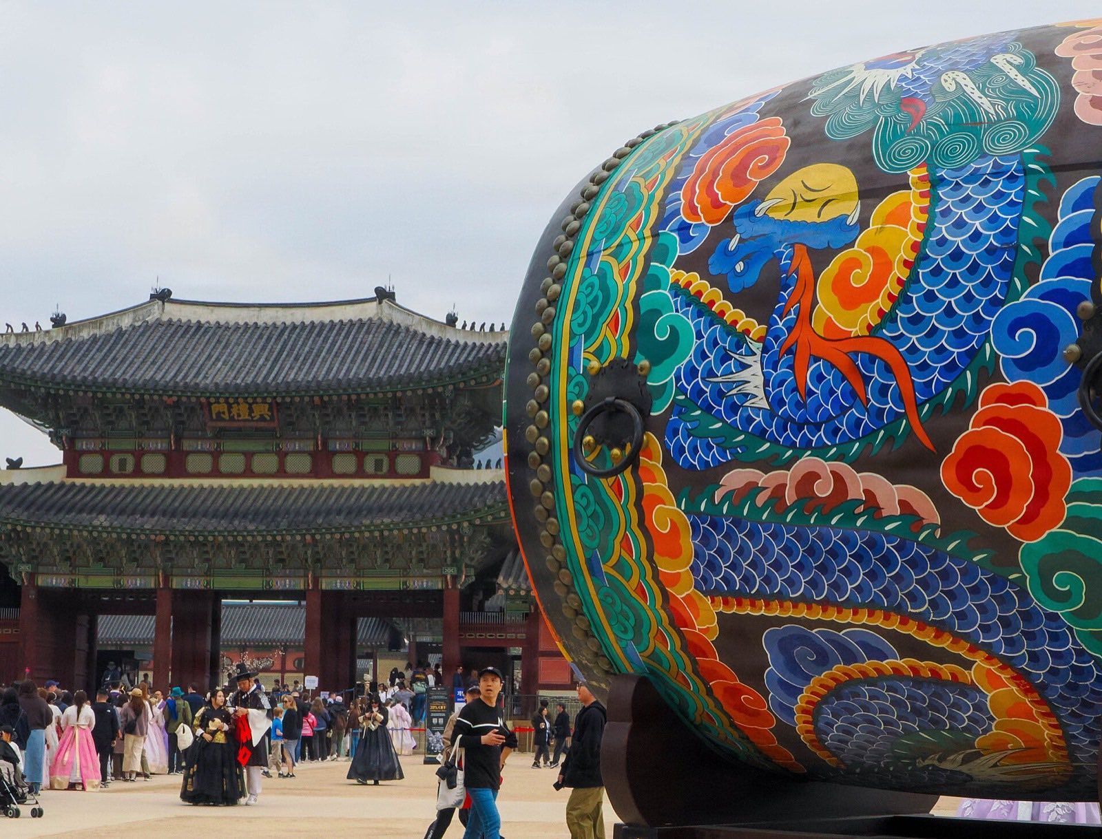 Giant painted drum at a traditional performance in Seoul
