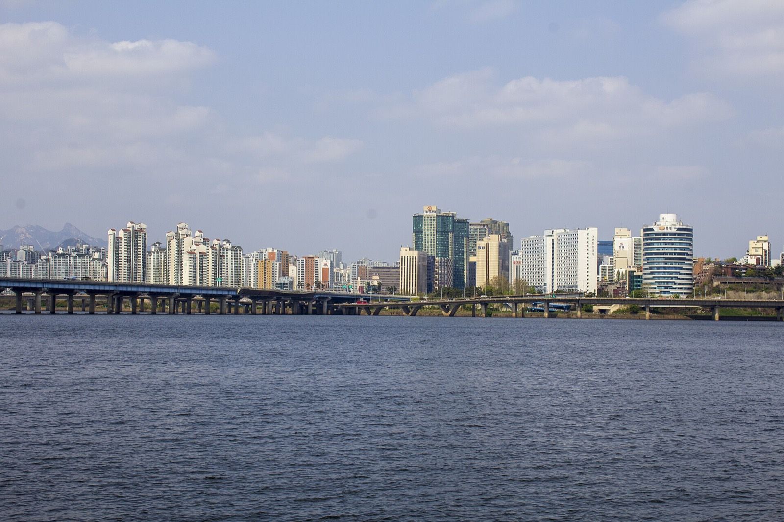 Han River waterfront park with the Seoul skyline behind